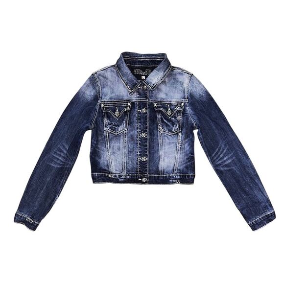 Miss Me Embellished Gothic Cross Cropped Denim Jacket Large - Picture 1 of 6
